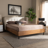 Baxton Studio BBT6809-Light Beige/Walnut-King Catarina Mid-Century Modern Light Beige Fabric Upholstered Walnut Finished Wood King Size Wingback Platform Bed